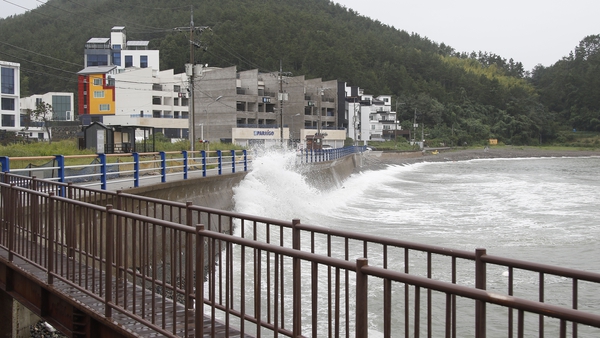 Waves hit the coast near Okpo-port in Geoje, South Korea