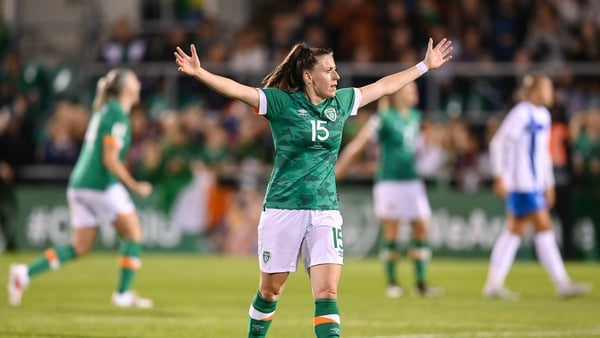 Lucy Quinn celebrates the win over Finland that secured a World Cup play-off berth