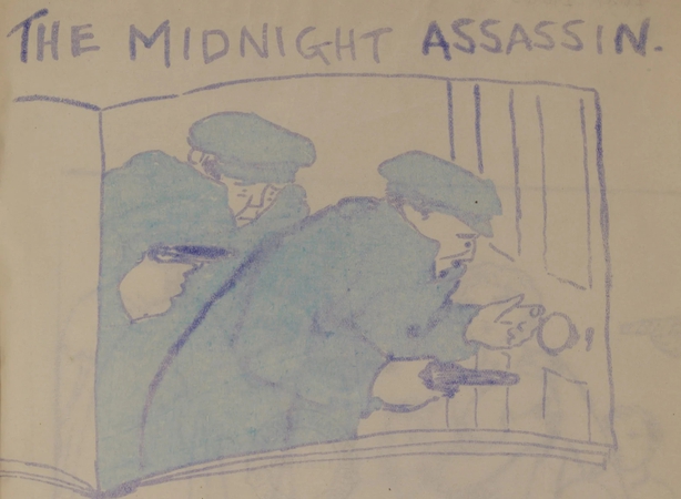 Detail of an anti-Free State propaganda drawing depicting the 'midnight assassins' who killed Harry Boland. The drawing compares the killing to the actions of the Black and Tans Photo: National Library of Ireland, PD 3076 TX 11(B)