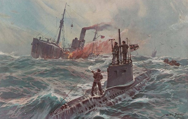 German U-boat destroying armed British trawler during the Great War Photo: Library of Congress Prints and Photographs Division Washington, Washington, D.C., Nov. 21, 1921