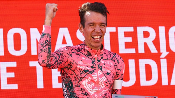 Rigoberto Uran celebrates his stage win