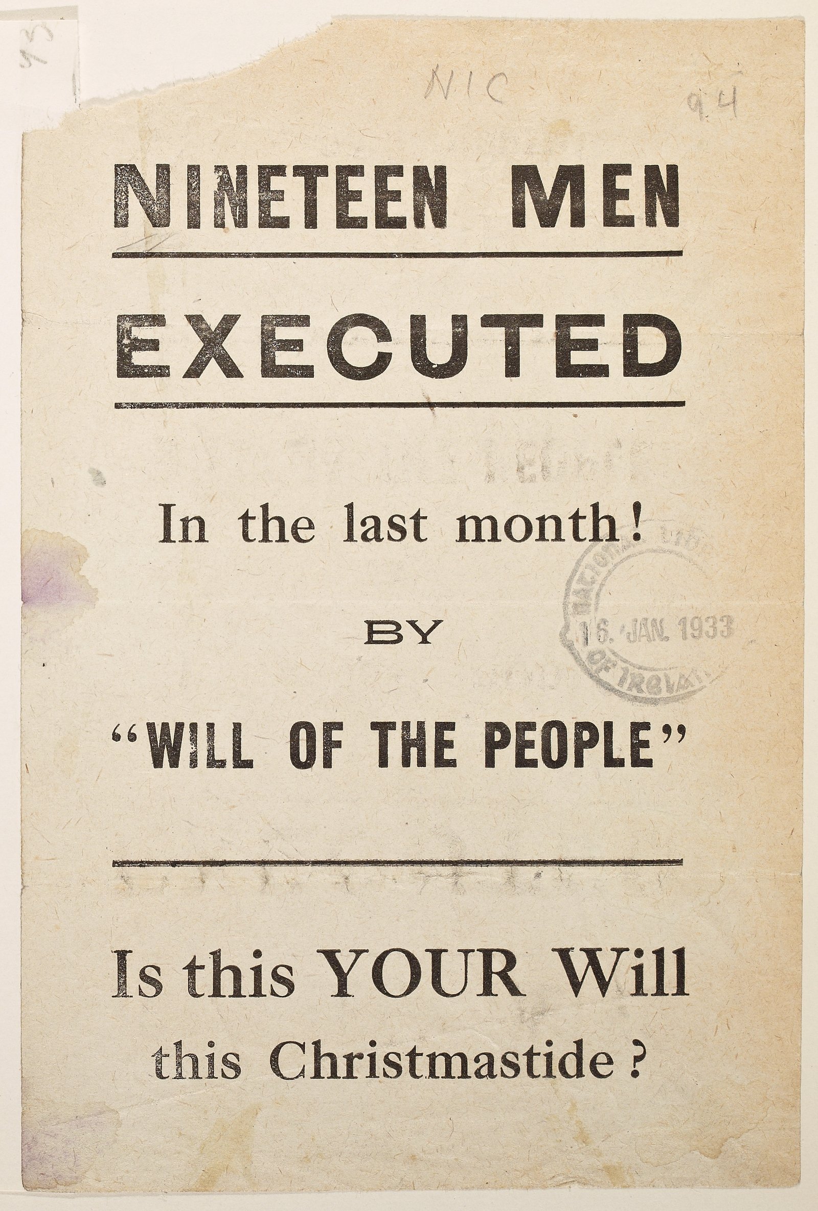 Image - Anti-Treaty leaflet referring to executions 'by will of the people', asking the reader, 'Is this your will this Christmastide?' Image courtesy of the National Library of Ireland