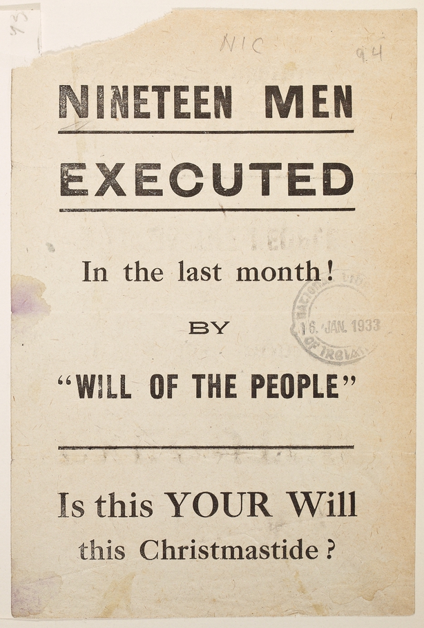 Anti-Treaty leaflet referring to executions 'by will of the people', asking the reader, 'Is this your will this Christmastide?' Image courtesy of the National Library of Ireland