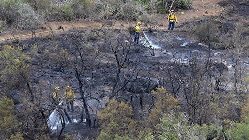 Firefighters put out hotspots while working on a firebreak to create a barrier to slow the progress of the Fairview Fire