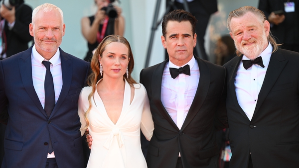 (L-R) Writer-director Martin McDonagh and The Banshees of Inisherin stars Kerry Condon, Colin Farrell and Brendan Gleeson at the film's world premiere in Venice last Monday