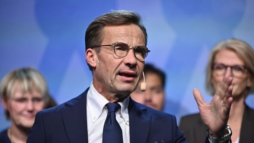 Ulf Kristersson, leader of the Moderate Party, speaks during the party's election night event in Stockholm