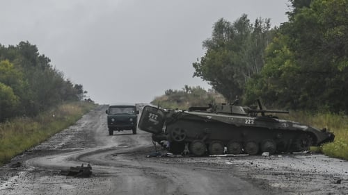 A destroyed Russian army vehicle on the outskirts of Izyum in eastern Ukraine Photo: Juan Barreto/AFP via Getty Images