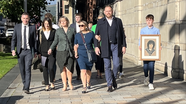 The family of Loughlin Maginn arrive at court in Belfast