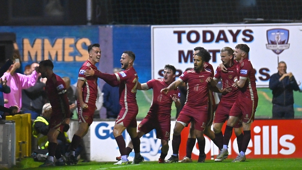 Charlie Lyons is mobbed by Galway team-mates after putting his team ahead against Cork City