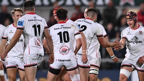 Luke Marshall (right) is congratulated after scoring the game's first try