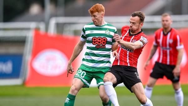Rory Gaffney of Shamrock Rovers in action against Cameron Dummigan of Derry City