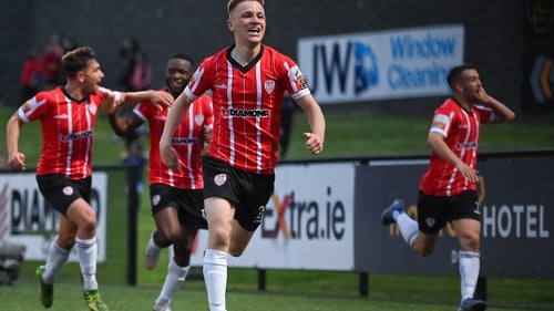 Brandon Kavanagh of Derry City celebrates after scoring his side's third goal
