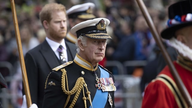 King Charles III walks behind the coffin of Queen Elizabeth II as it travels from Westminster Abbey to Wellington Arch in London (Rasid Necati Aslim/Anadolu Agency via Getty)