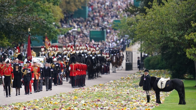 Emma, the queen's pony, stands as the ceremonial procession of the coffin arrives at Windsor Castle for the committal service at St George's Chapel this afternoon (Andrew Matthews/PA)