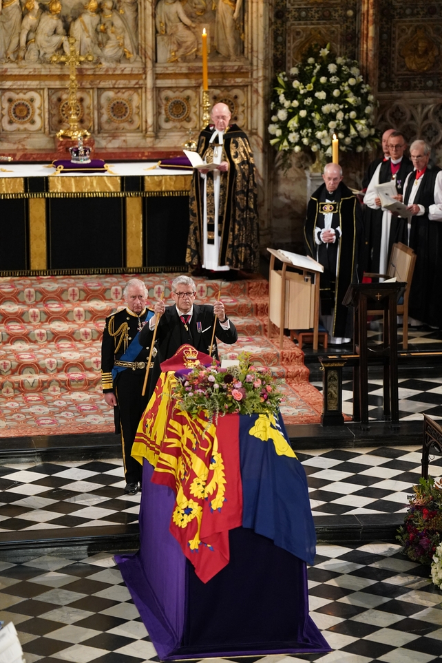 The Lord Chamberlain breaks his 'Wand of Office' at the Committal Service for Queen Elizabeth II, signifying the end of his service to the sovereign (Joe Giddens/PA)