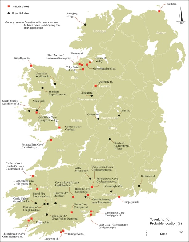 Map showing the location of the caves all over Ireland