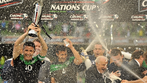Robbie Keane celebrates after winning the Carling Four Nations Tournament