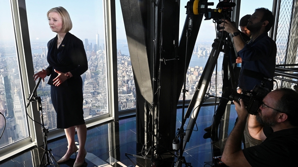 Liz Truss speaks to the media at the Empire State Building in New York