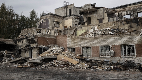A damaged public building is pictured in Kupiansk, Kharkiv, today
