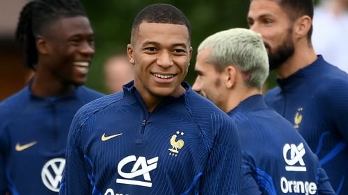 Kylian Mbappe was all smiles during France training on Tuesday