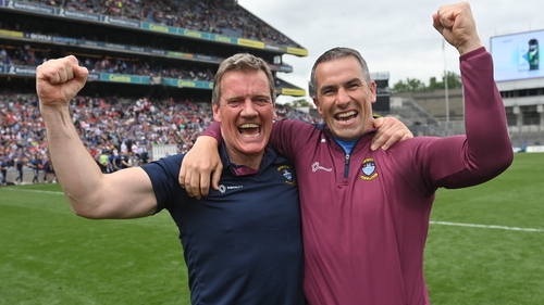 Dessie Dolan (R) pictured with former Westmeath manager Jack Cooney after their side's victory in the Tailteann Cup final against Cavan
