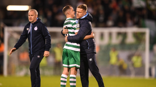 Shelbourne manager Damien Duff with Sean Kavanagh of Shamrock Rovers after the clubs' match in May