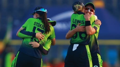 Ireland players celebrate a brilliant win. Photo: Abu Dhabi Cricket & Sports Hub