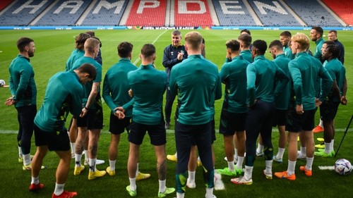 Stephen Kenny speaks with the squad ahead of training at the historic Hampden Park stadium