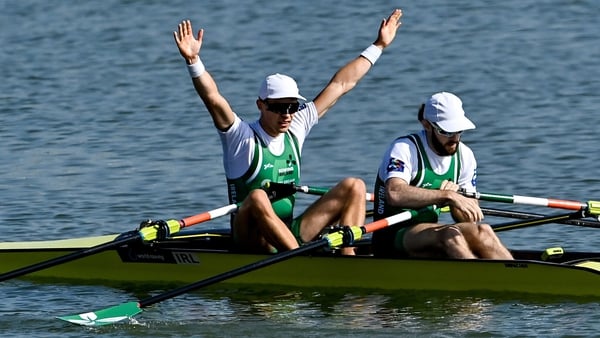 Fintan McCarthy, left, and Paul O'Donovan celebrate at the end of the race