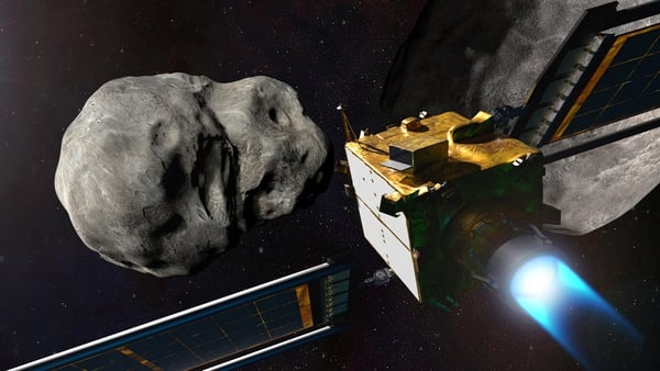 An artist's illustration of the NASA spacecraft and the asteroids