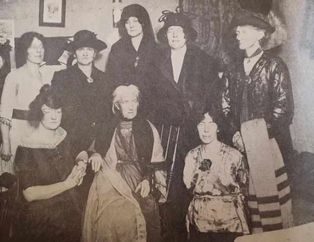 Charlotte Despard and Maud Gonne McBride pictured in early 1921 with members of the Irish Women's Franchise League Photo: Irish Life, 4 February 1922