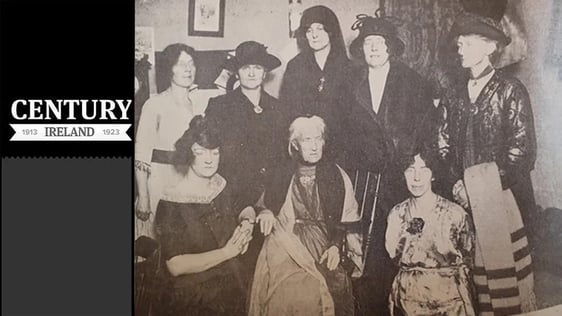 Century Ireland Issue 240 - Charlotte Despard and Maud Gonne McBride pictured in early 1921 with members of the Irish Women's Franchise League Photo: Irish Life, 4 February 1922