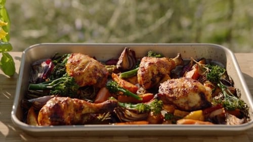 Neven's spicy chicken tray bake with sweet potato and vegetables