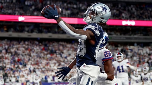 CeeDee Lamb of the Dallas Cowboys catches a 1-yard touchdown pass