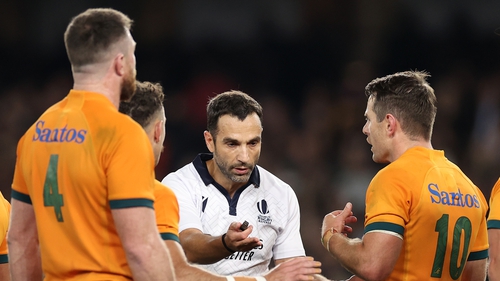 Raynal (centre) overturned an Australia penalty for time-wasting late in the Bledisloe Test