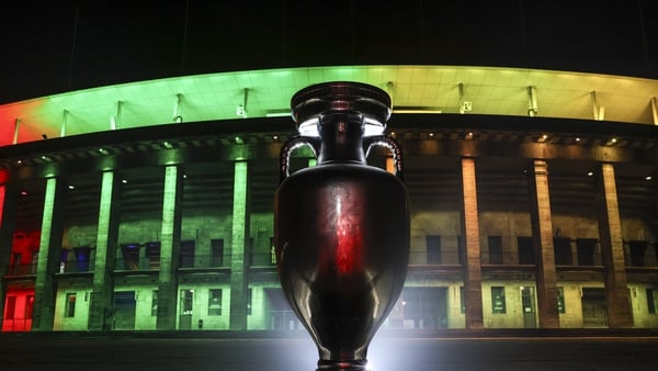 A replica of the UEFA Euro trophy is displayed at the Olympiastadion in Berlin