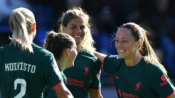 Campbell celebrates her first Liverpool goal with her team mates