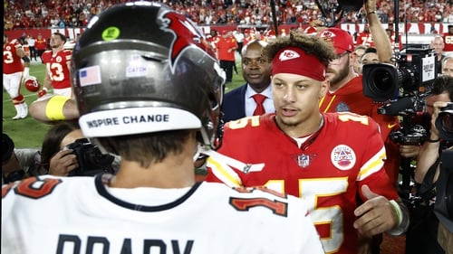 Patrick Mahomes shakes hands with Tom Brady post-match
