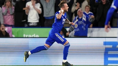 James Maddison celebrates scoring Leicester City's third goal