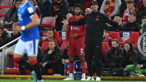Jurgen Klopp looking on during Liverpool's victory over Rangers