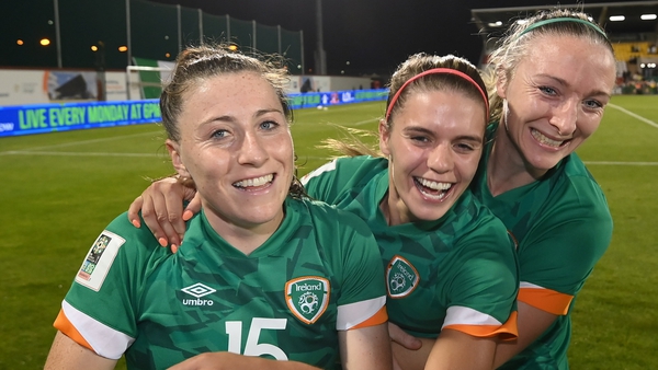 (L to R): Lucy Quinn, Jamie Finn and Louise Quinn after last month's win over Finland