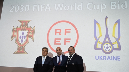 (l-r) Portuguese Football Federation President Fernando Santos, Spanish Football Federation President Luis Rubiales and Ukraine Football Federation President Andriy Pavelko