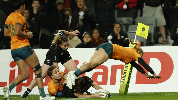 Portia Woodman gets over for a try for New Zealand