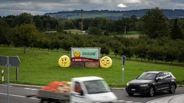 Switzerland: Two bales and a sign make the case against the referendum proposal last month