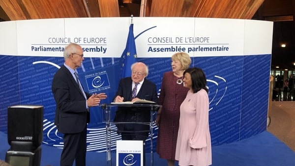 President Michael D Higgins and his wife Sabina are greeted by President of the Council of Europe Parliamentary Assembly Tiny Cox and Secretary General of the Parliamentary Assembly Despina Chatzivassiliou