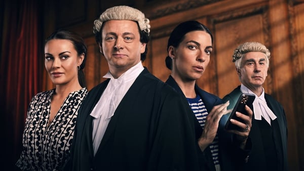 Chanel Cresswell as Coleen Rooney, Michael Sheen as David Sherborne QC, Natalia Tena as Rebekah Vardy and Simon Coury as Hugh Tomlinson QC in the upcoming series Vardy v Rooney: A Courtroom Drama