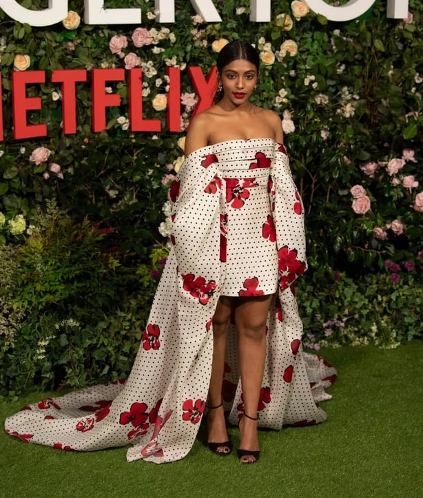 Chandran wearing Carolina Herrera at the Bridgerton season two premiere (Alamy/PA)