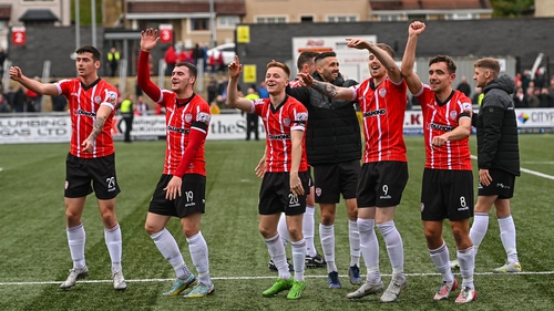 Derry City players celebrate their semi-final victory