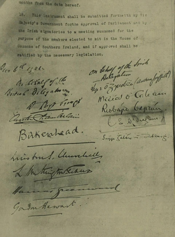 Signatures on the treaty between Great Britain and Ireland Photo: The Illustrated London News, December 10 1921