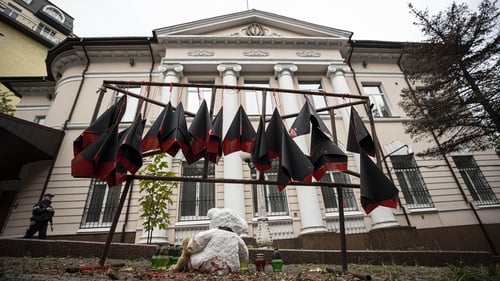 Paper planes are seen hanging in front of the Iranian Embassy in Kyiv over Iran's alleged supply of drones to Russia